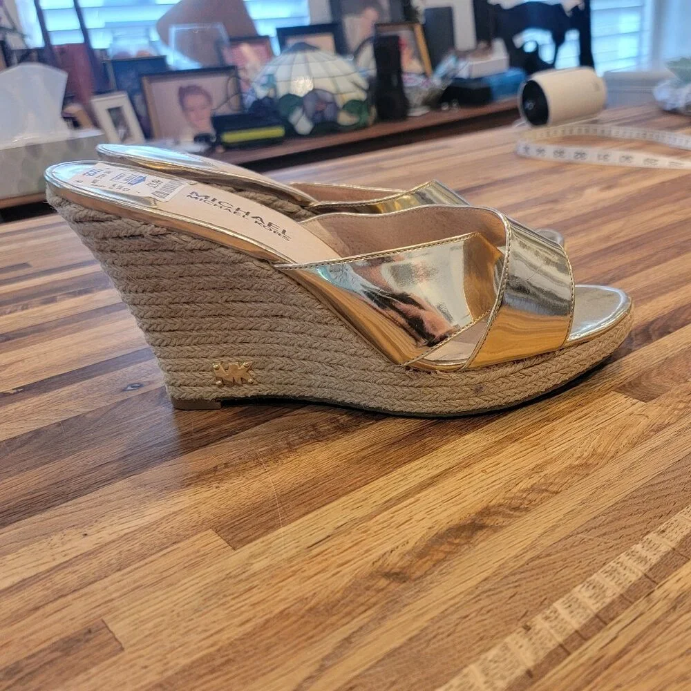 Michael Kors MK Logo Silver Espadrilles Wide Criss cross Strap 4